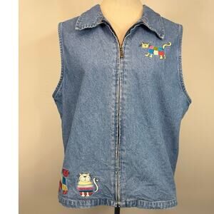 Christopher & Banks Denim Cat Embroidered Vest | Y2K Grandmacore | Size Large